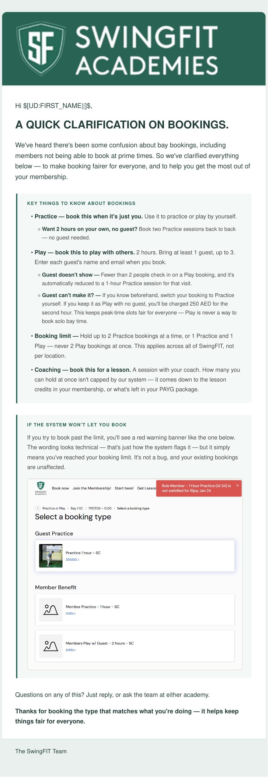 Booking Types email preview
